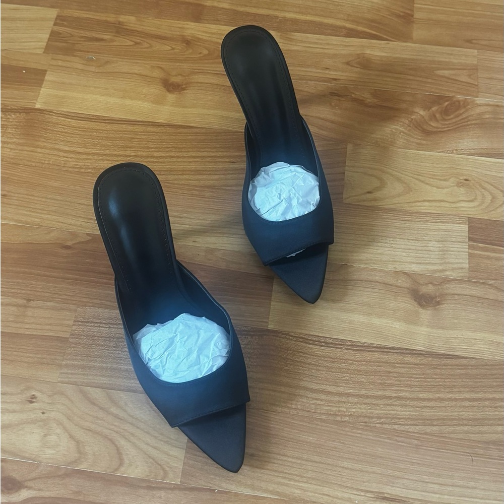 Black satin pointed heels